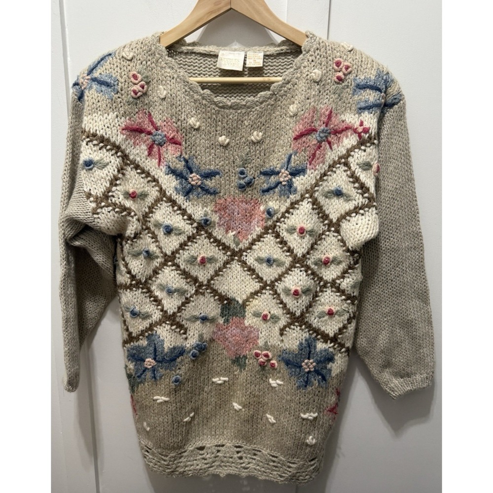 VINTAGE Needles & Yarn Knit Grandma Pullover Sweater Women's‎ Medium Blue Floral